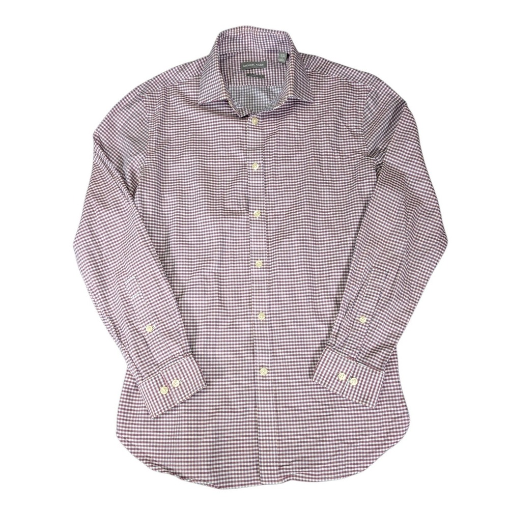 Michael Kors Mens Slim Fit Gingham Dress Shirt Burgundy White 15-15.5 32/33